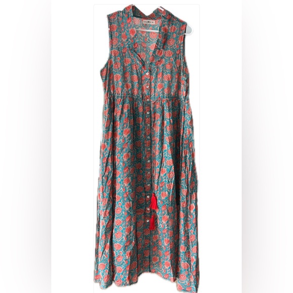 Turquoise Vines Amelia Sleeveless Shirt Dress with Cinch Waist Size Mediumm - Picture 3 of 13